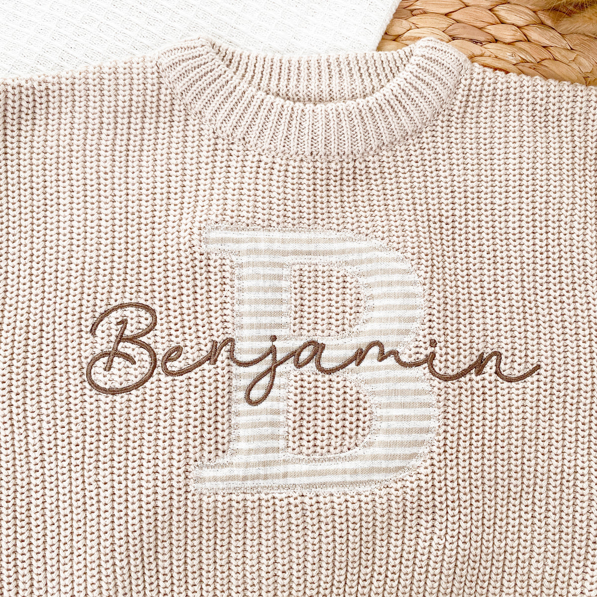 Baby sweaters with name applique monogram embroidered custom name sweaters - first birthday gifts