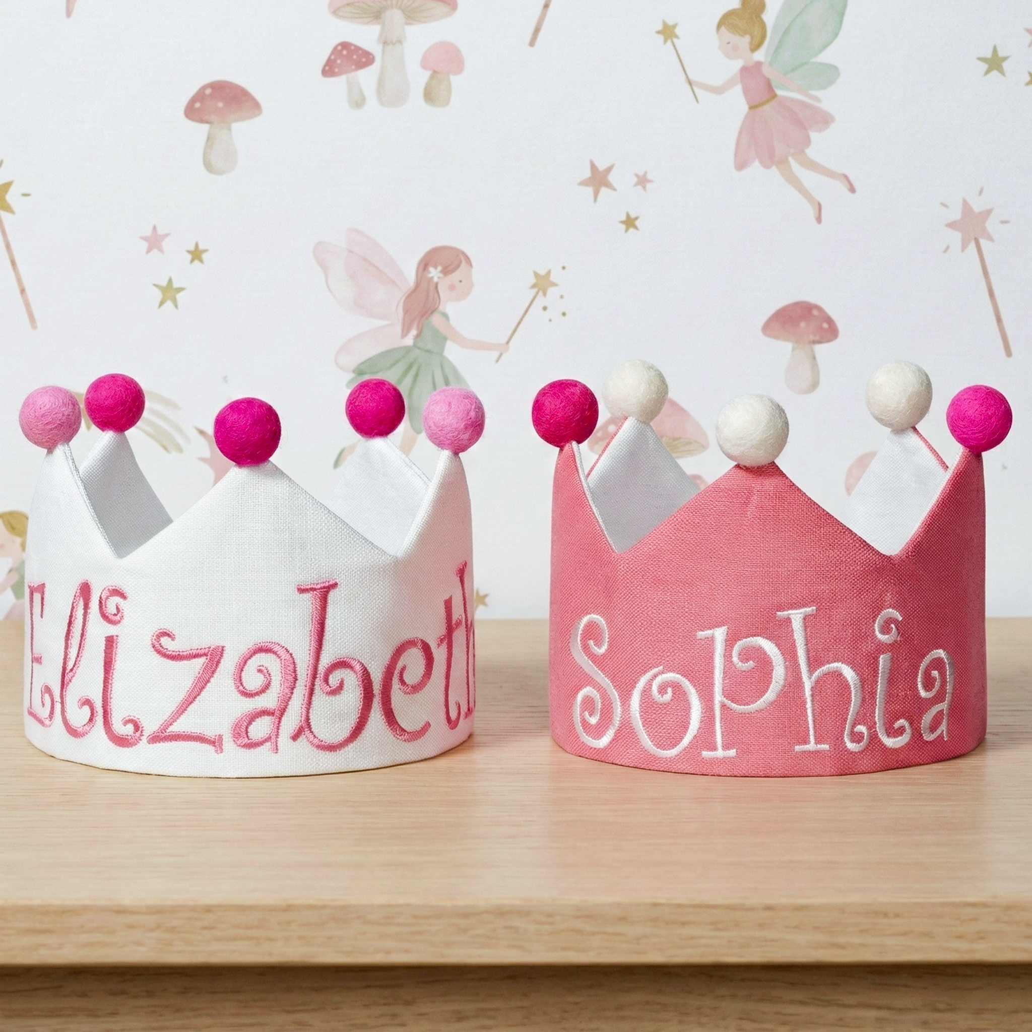 Embroidered custom name first birthday crown designed for fairy first birthday party