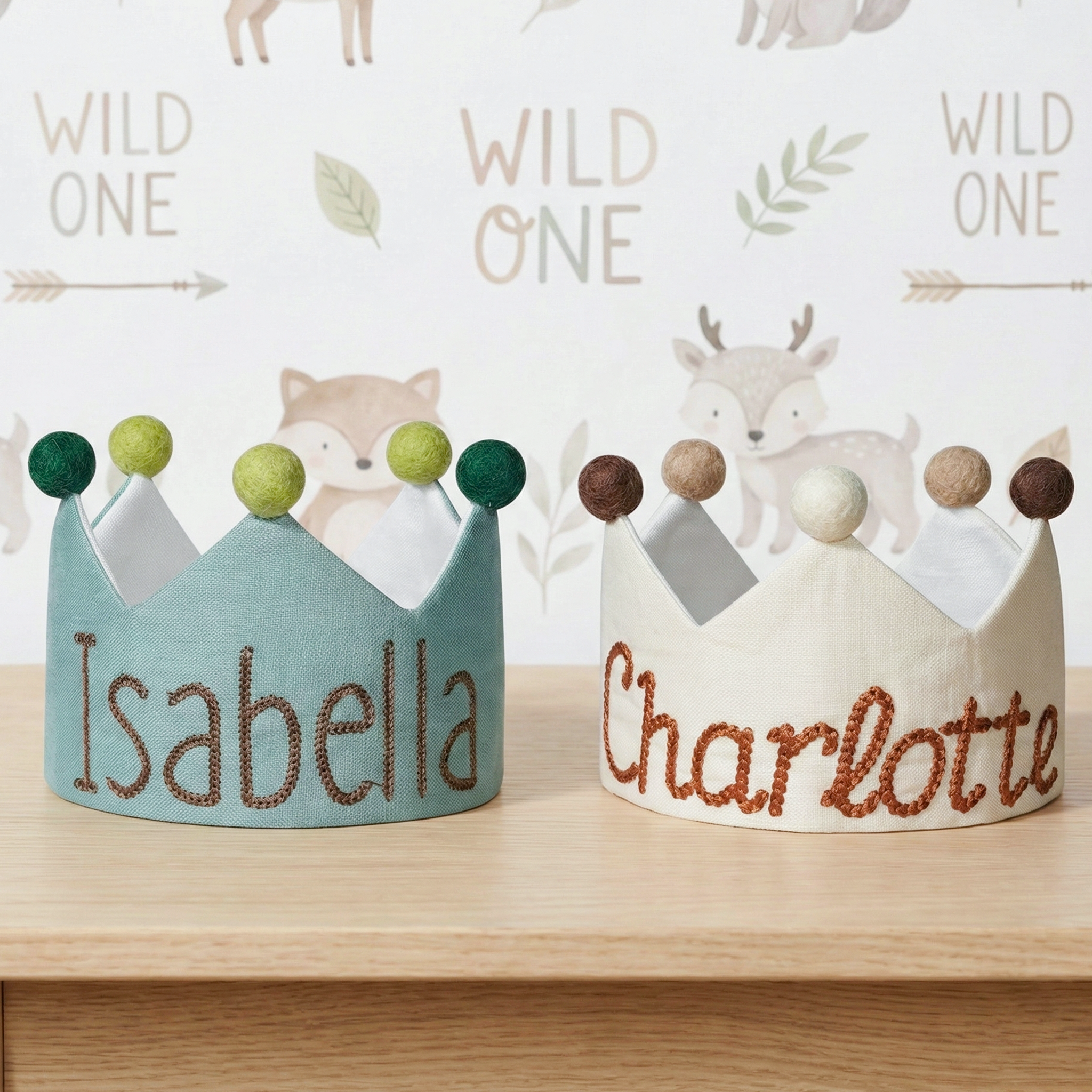 Embroidered custom name first birthday crown for a fun wild one birthday theme