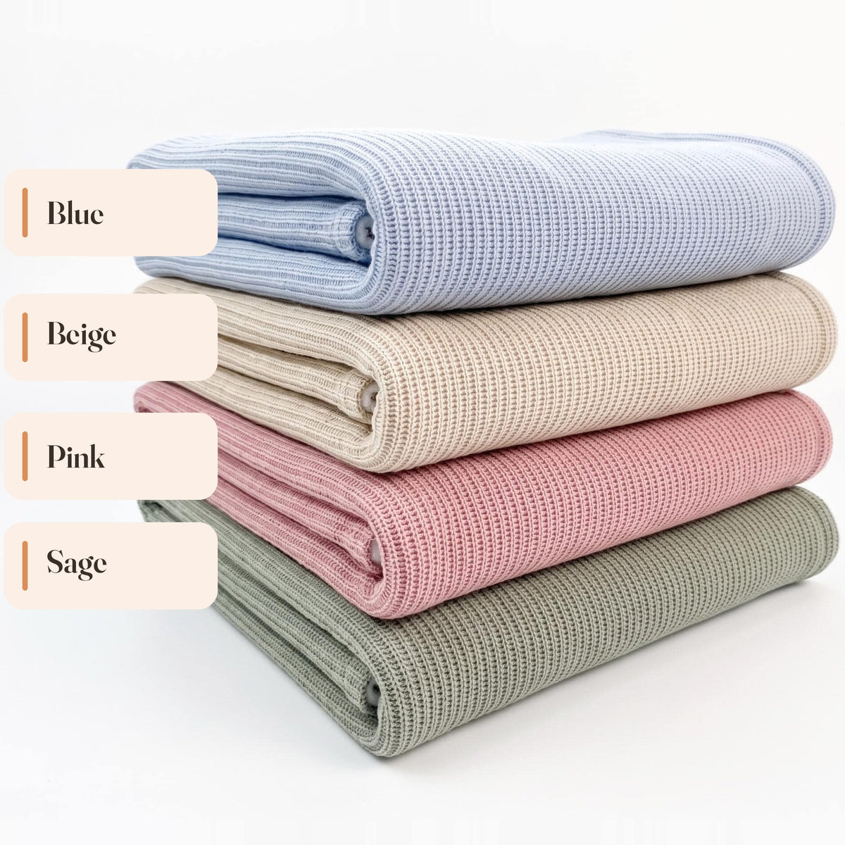 Sherpa baby blanket color chart: Blue, Beige, Pink, Sage
