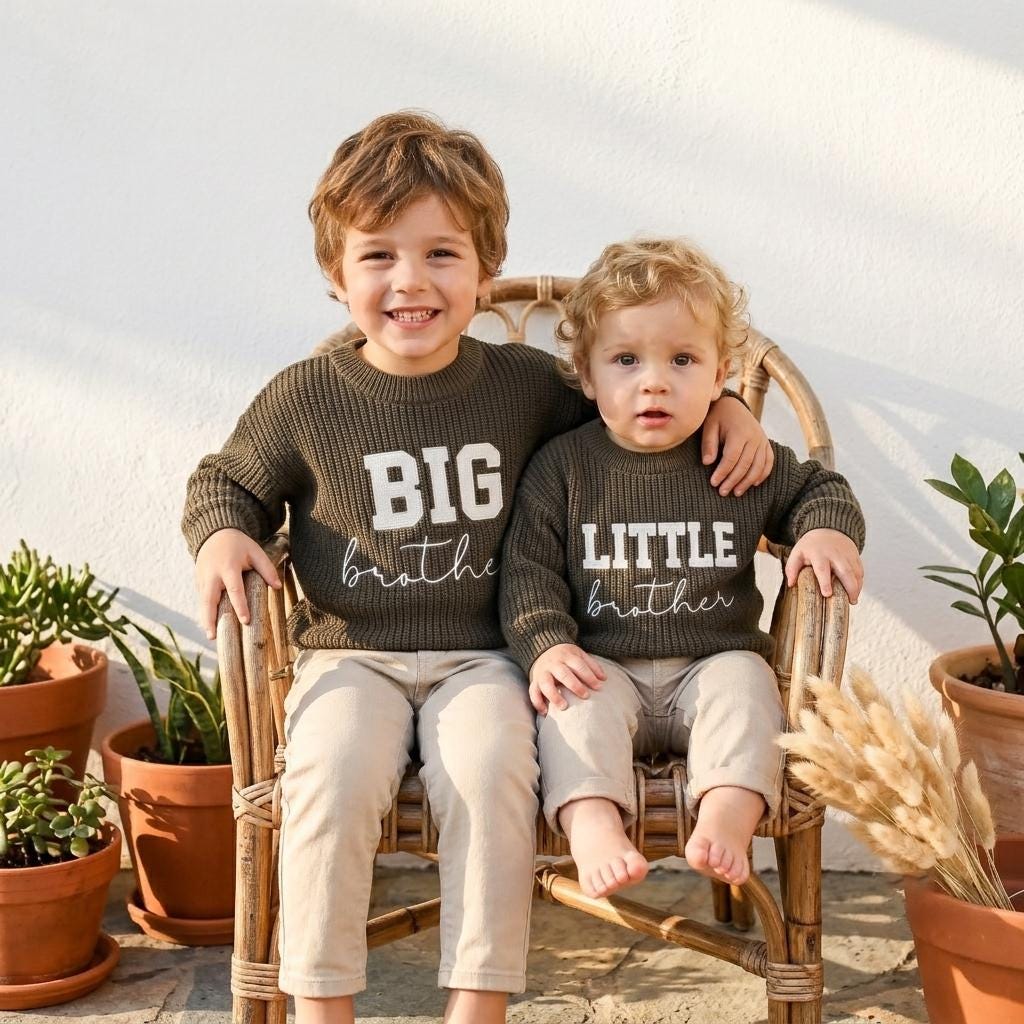 Two brothers in matching olive BIG brother and LITTLE brother embroidered sweaters