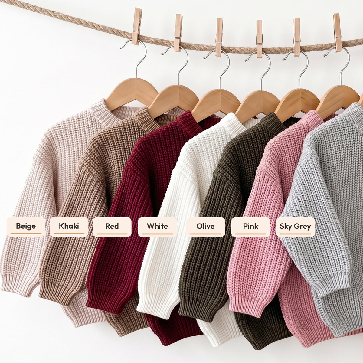 Sweater color options: Beige, Khaki, Red, White, Olive, Pink, Sky Grey