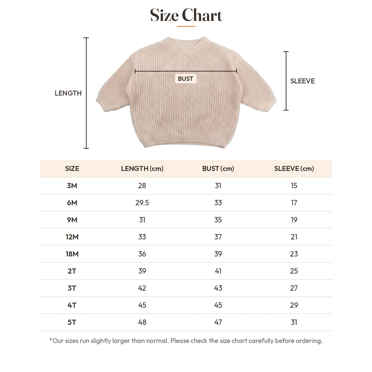 Baby sweater size chart with length, chest and sleeve measurements