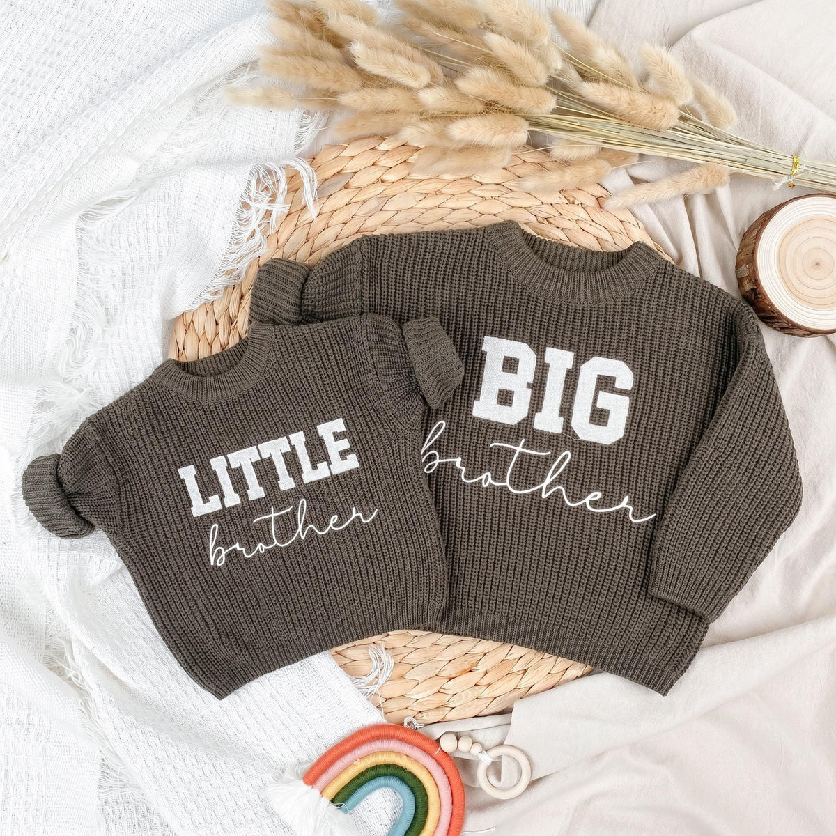 Olive BIG brother and LITTLE brother sweaters laid flat as a matching set
