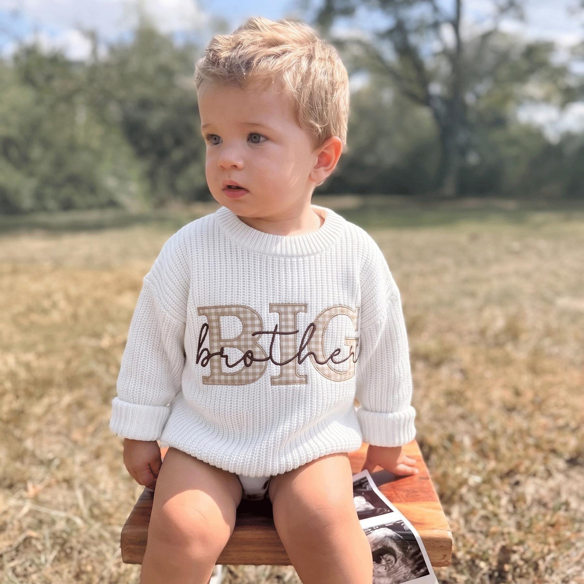 Toddler boy wearing a white knit sweater with BIG fabric applique letters and brother embroidered in script, sitting outdoors