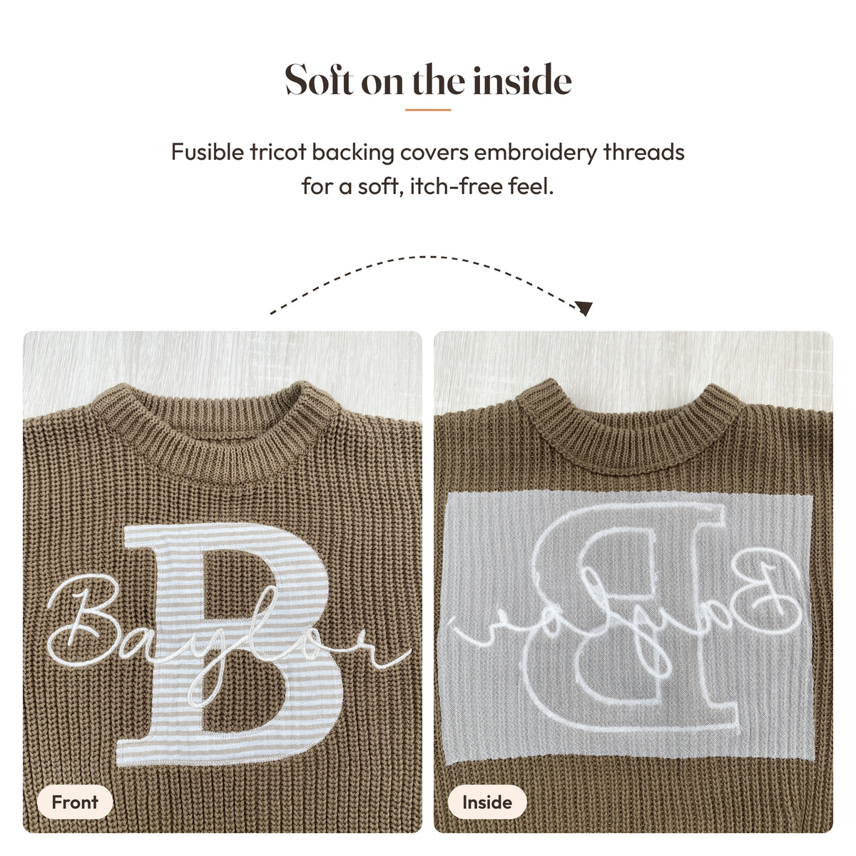 Front and inside view of an embroidered sweater showing the soft fusible backing over the embroidery