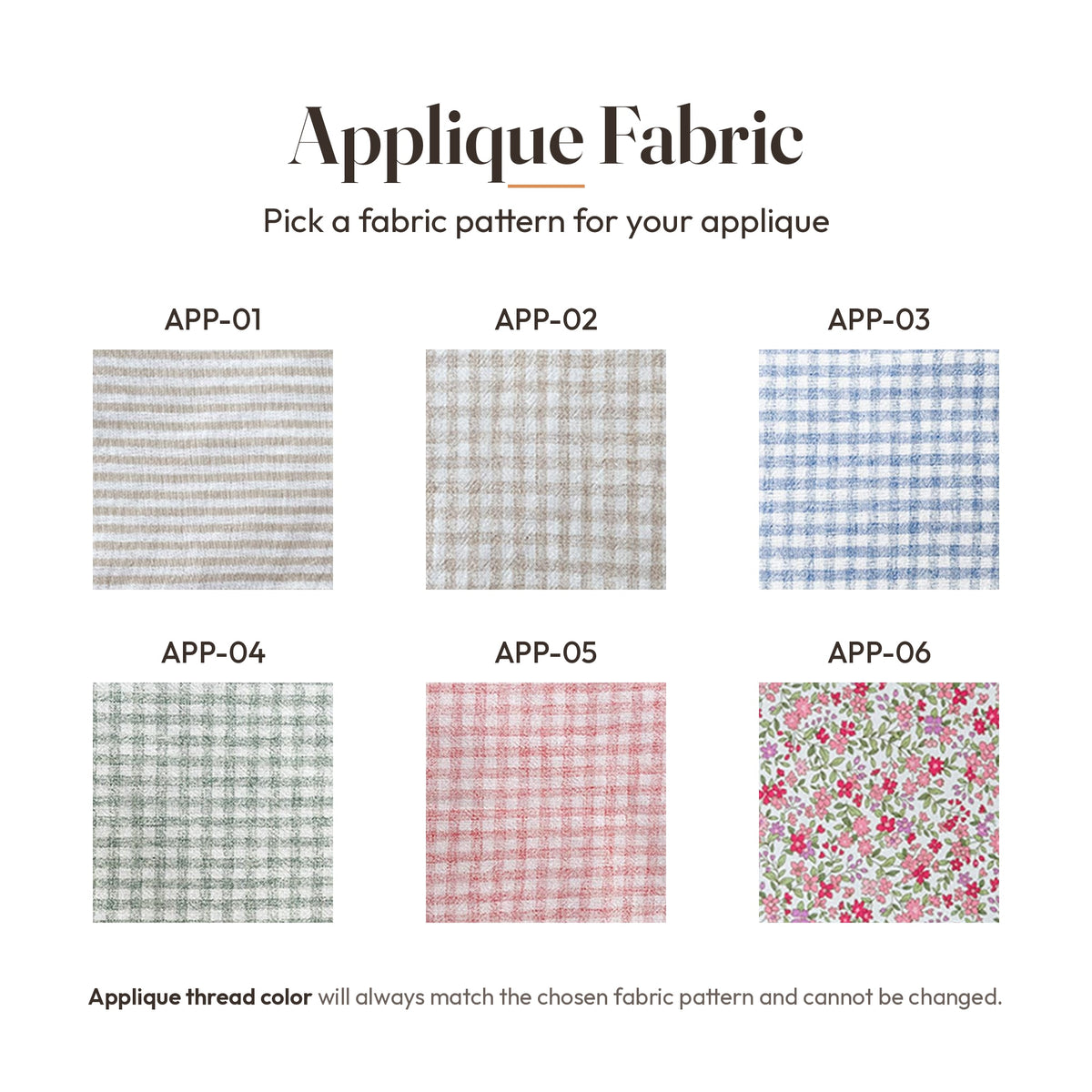 Applique fabric chart APP-01 to APP-06