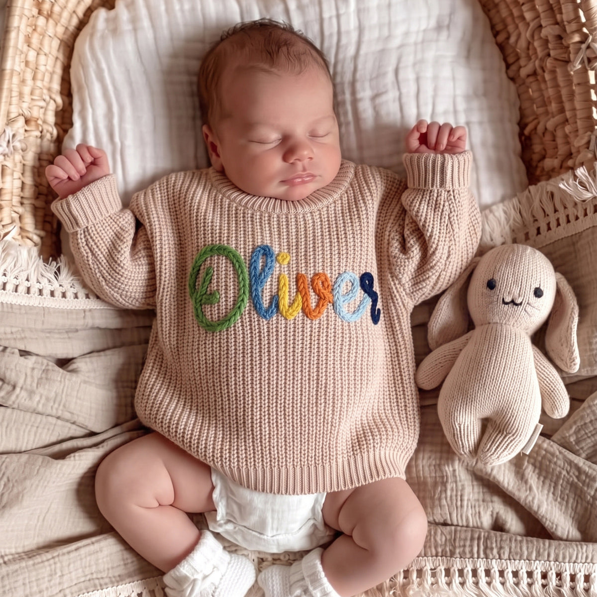 Newborn baby sleeping in a basket wearing a beige sweater with hand embroidered multicolor name Oliver