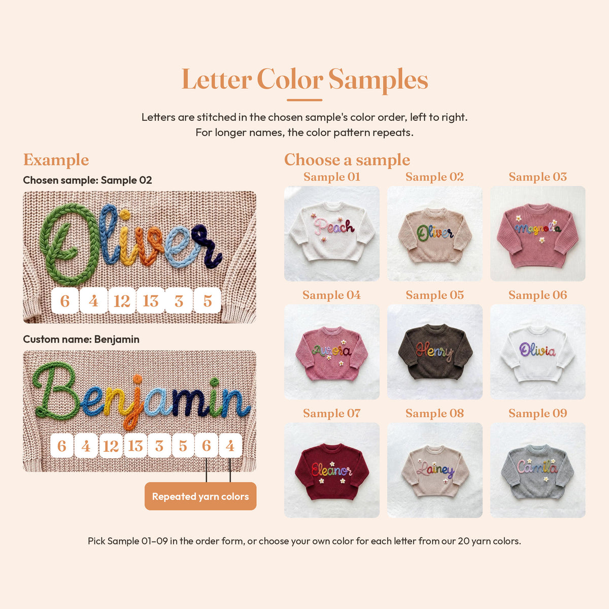 Letter color samples chart: Sample 01 to Sample 09, with example names Oliver and Benjamin