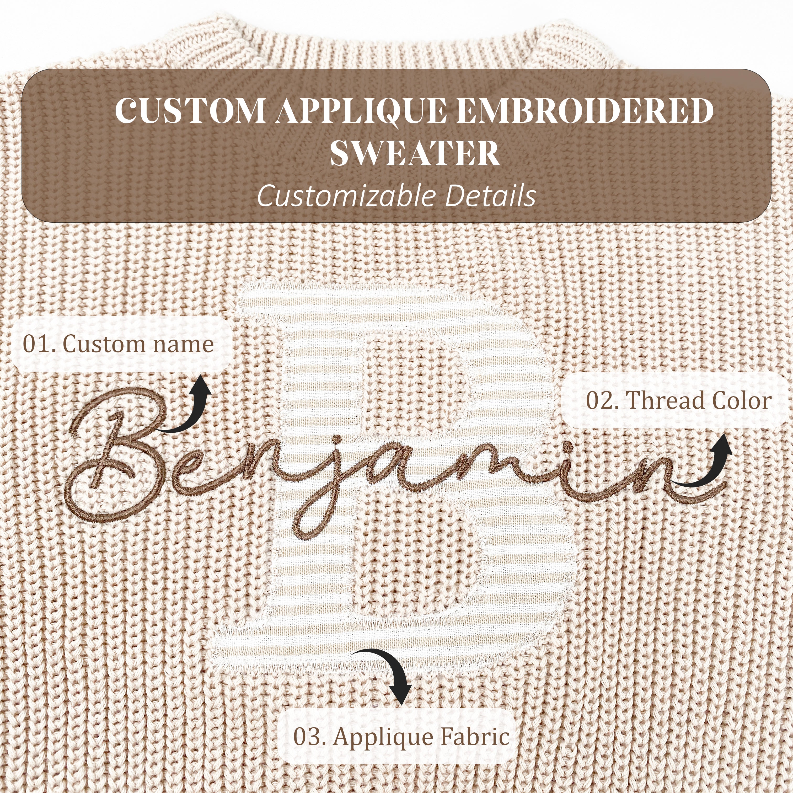 Applique embroidered chunky knit baby sweaters with initials