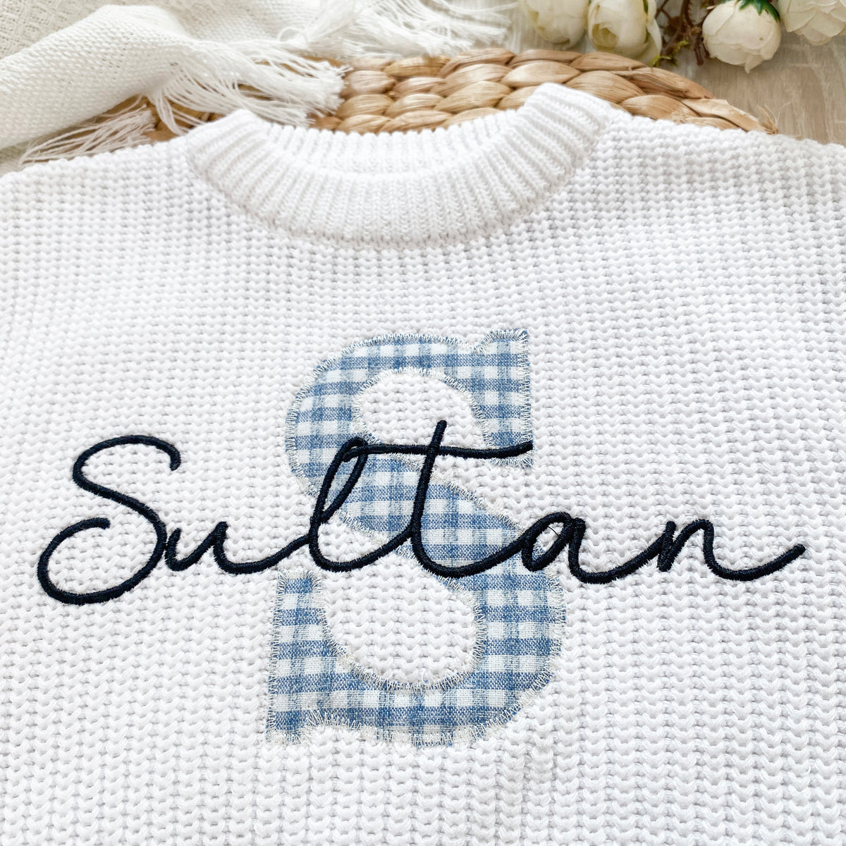 Baby name sweaters with monogramed initials, applique embroidered custom name chunky knit sweaters