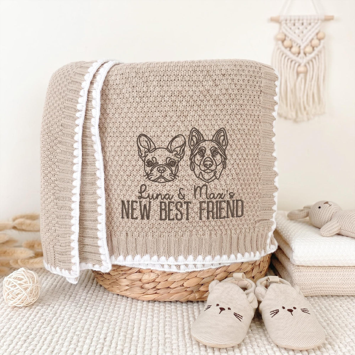 Beige personalized new best friend baby blanket with brown embroidered dog, cat and pet names