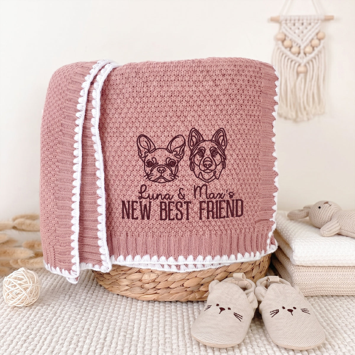 Pink personalized new best friend baby blanket with burgundy embroidered dog, cat and pet names