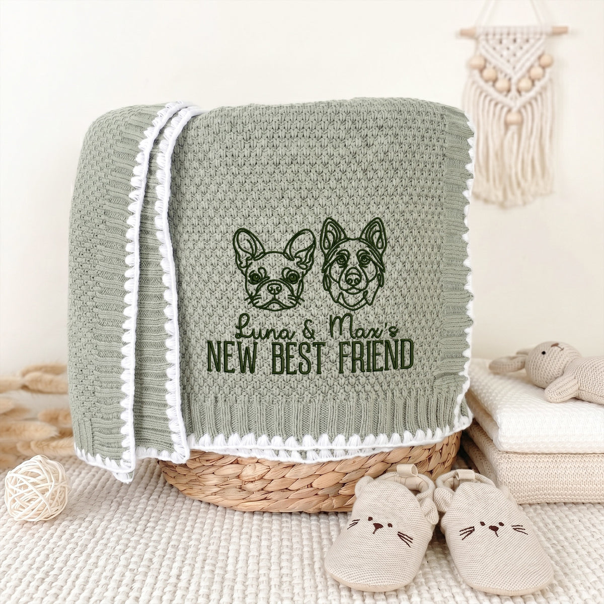 Sage green personalized new best friend baby blanket with dark green embroidered dog, cat and pet names