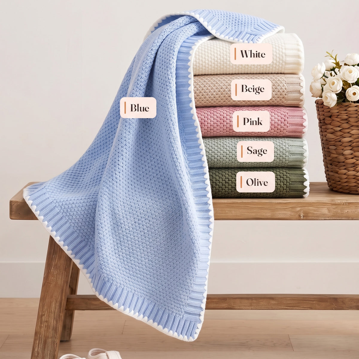 Pet portrait baby blanket colors: Blue, White, Beige, Pink, Sage, Olive