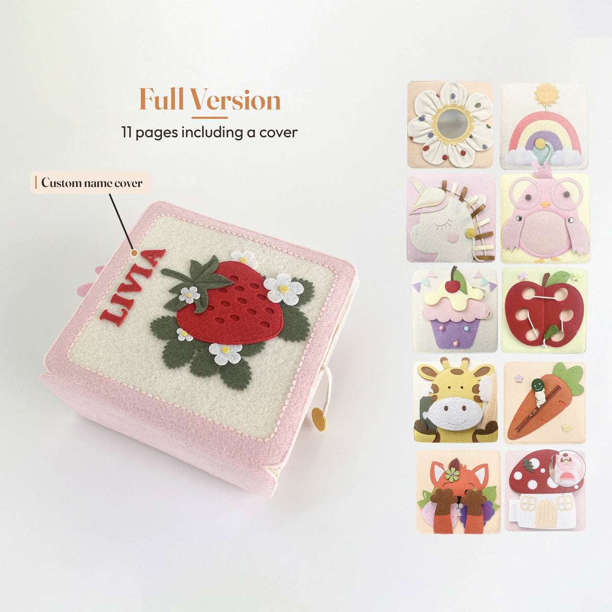 Full version strawberry felt quiet book: custom name cover plus 10 activity pages, 11 pages total