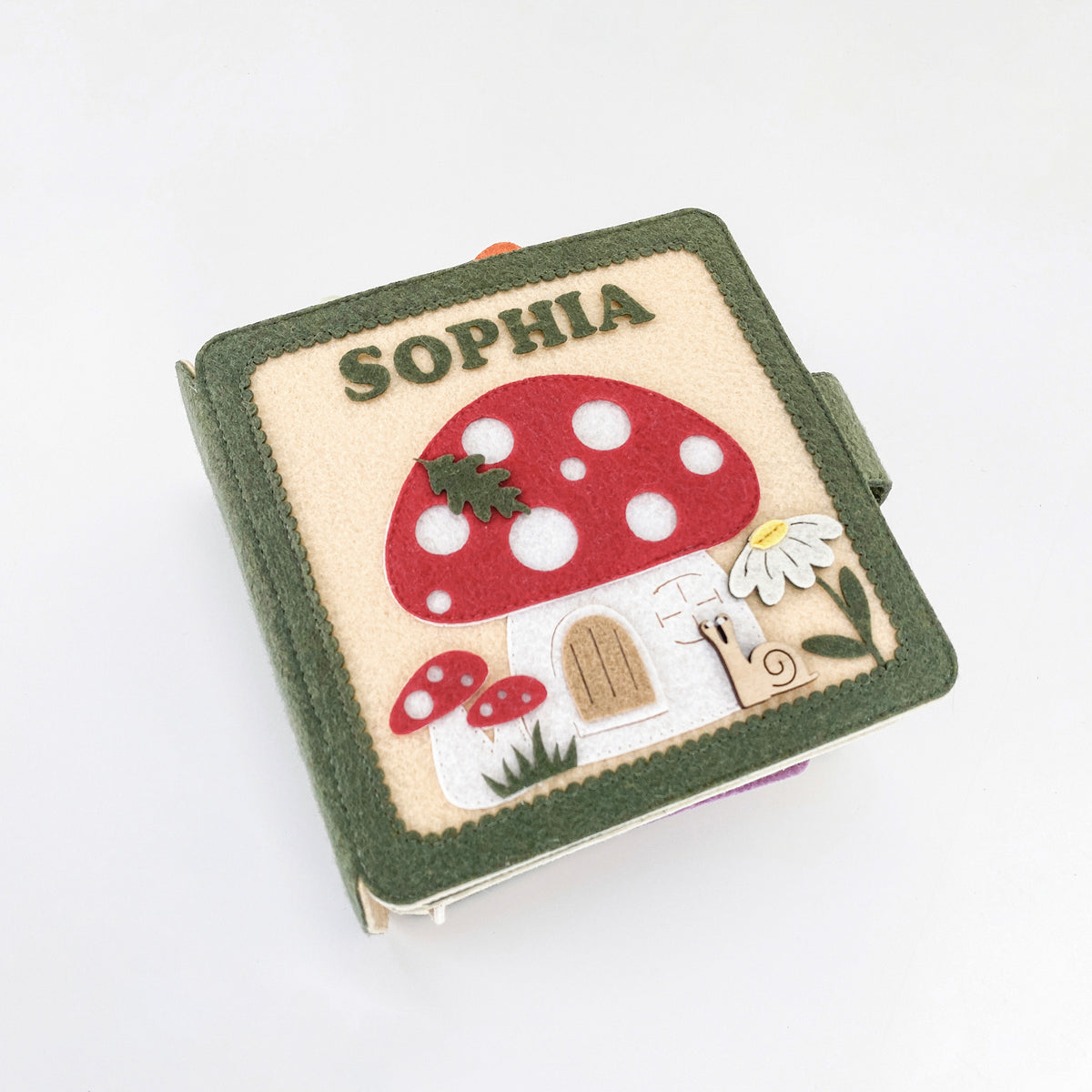 Personalized mushroom fairy garden felt busy book with embroidered name Sophia on the cover