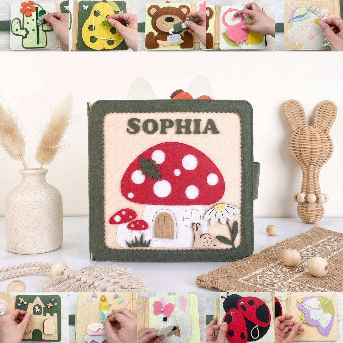 Personalized mushroom fairy garden felt quiet book with name Sophia, styled with its activity pages