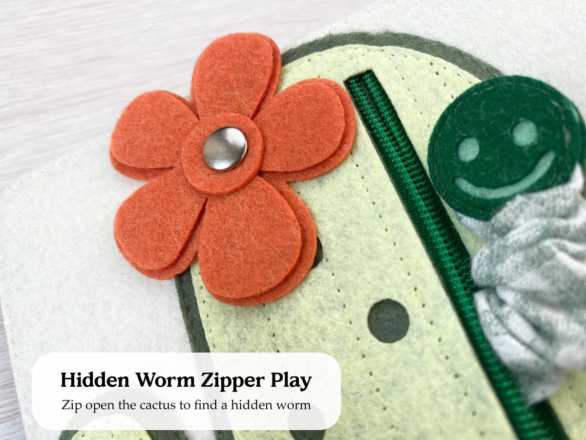 Felt cactus page with a zipper and hidden worm in a quiet book