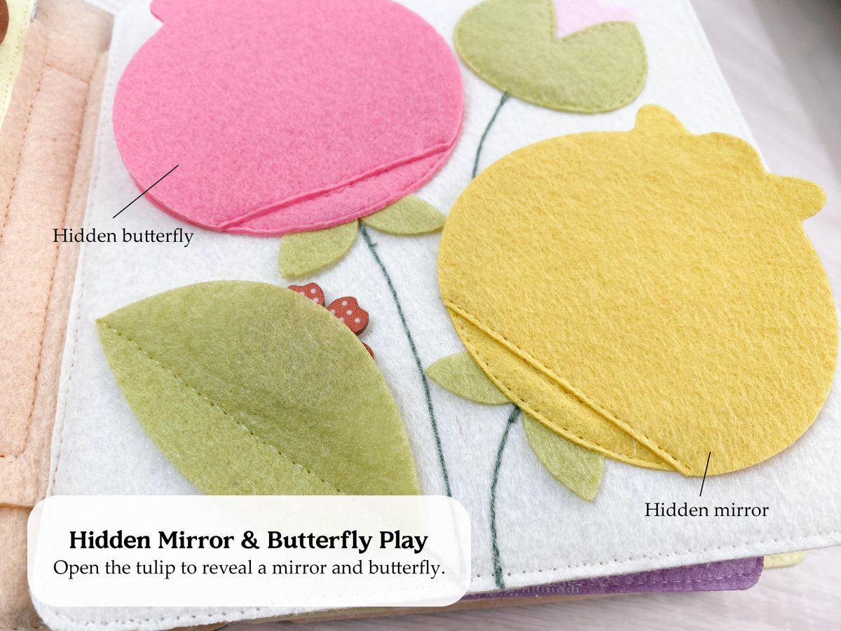 Felt tulip page with a hidden mirror and butterfly in a quiet book