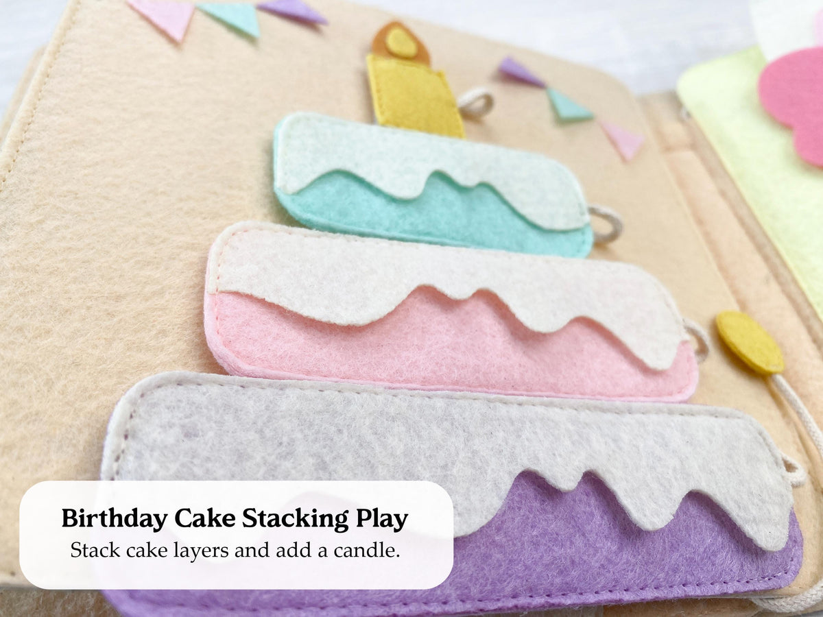 Felt birthday cake stacking page in the Full version quiet book