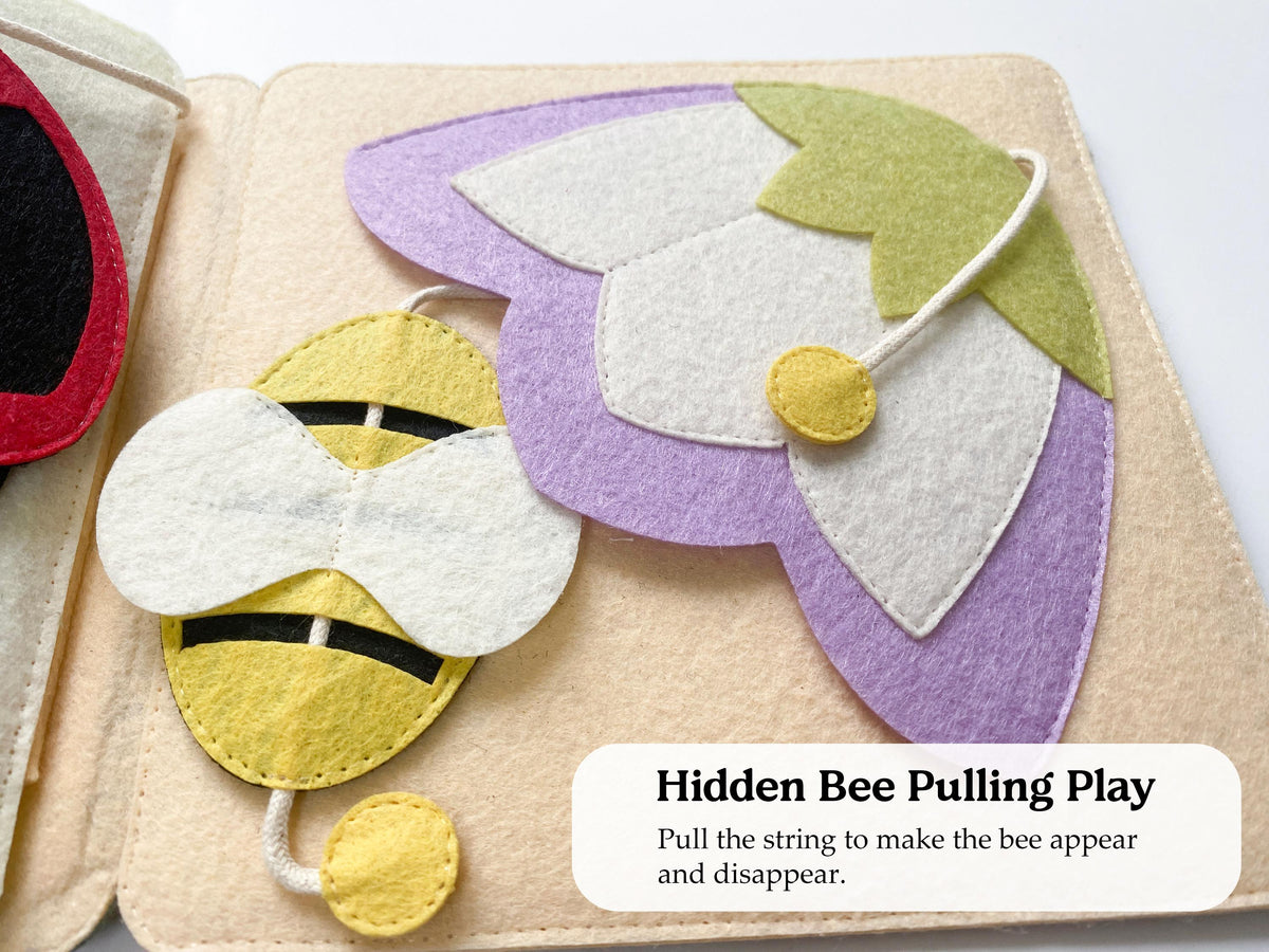 Felt hidden bee pull page in a mushroom fairy garden quiet book