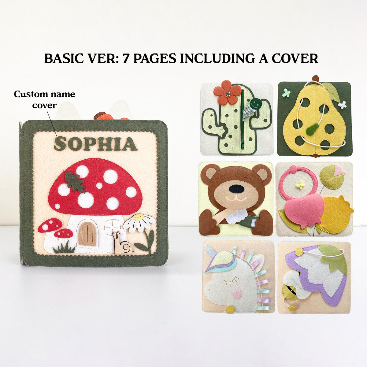 Basic version mushroom fairy garden felt quiet book: custom name cover plus 6 activity pages, 7 pages total