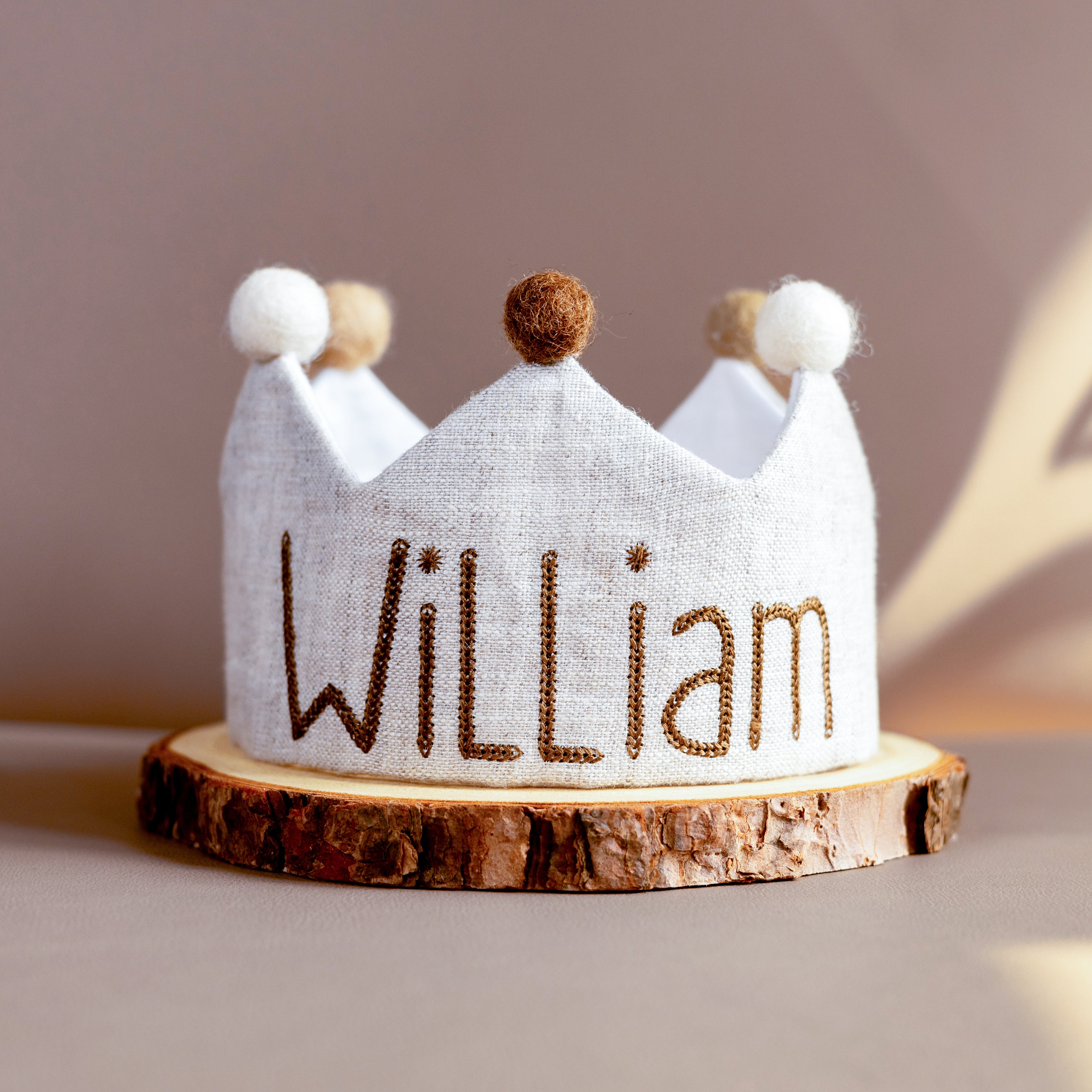 Custom name embroidered linen first birthday crown baby gifts