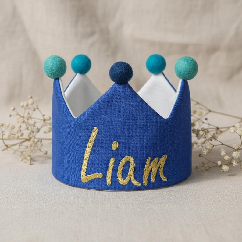Embroidered custom name first birthday crown celebrating baby boy first birthday milestones
