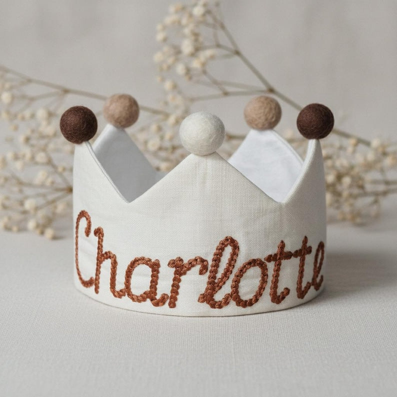 Embroidered custom name first birthday crown as a sweet 1st birthday gift for baby girl