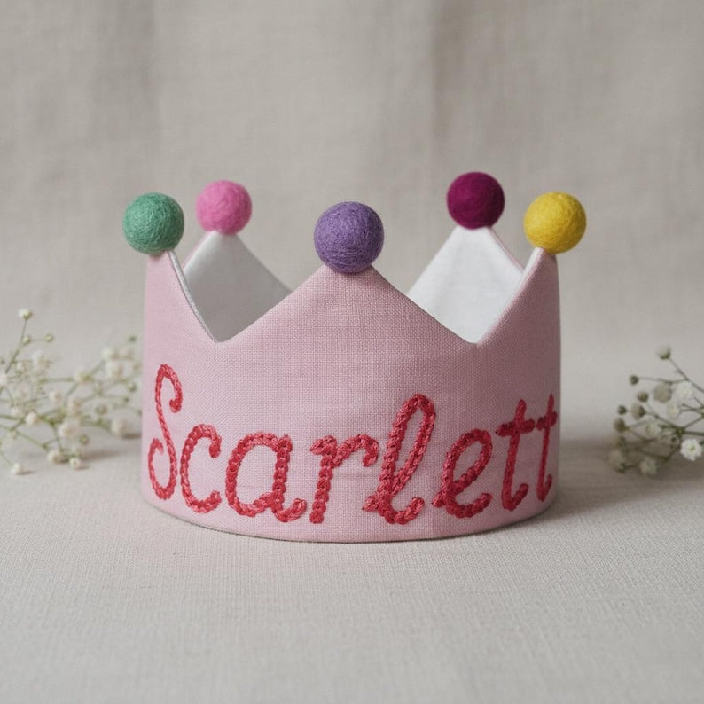 Embroidered custom name first birthday crown among the best baby gifts for first birthdays
