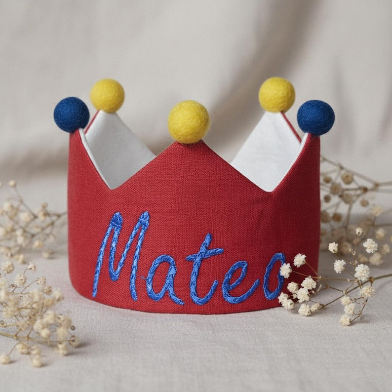 Embroidered custom name first birthday crown as one of the best baby boy birthday gifts