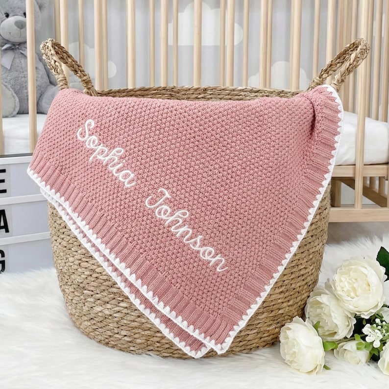 Personalized baby blanket, custom name embroidered cotton knitted blanket