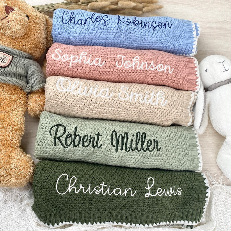 Custom embroidered name cotton knitted blanket baby gifts