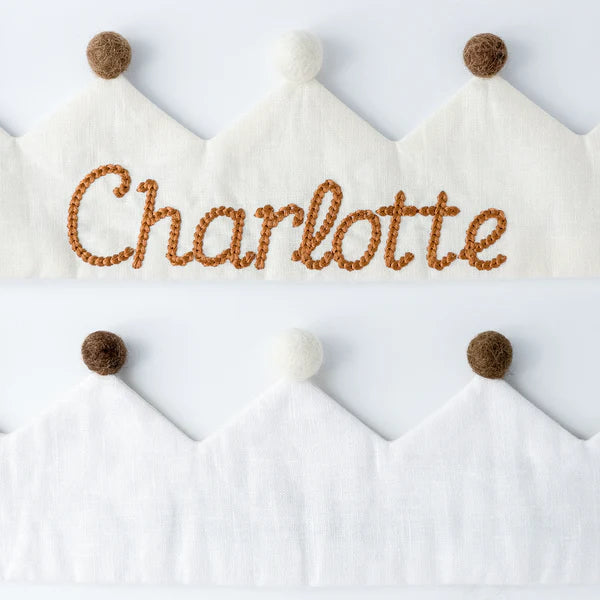 Custom name handmade embroidered linen first birthday crown