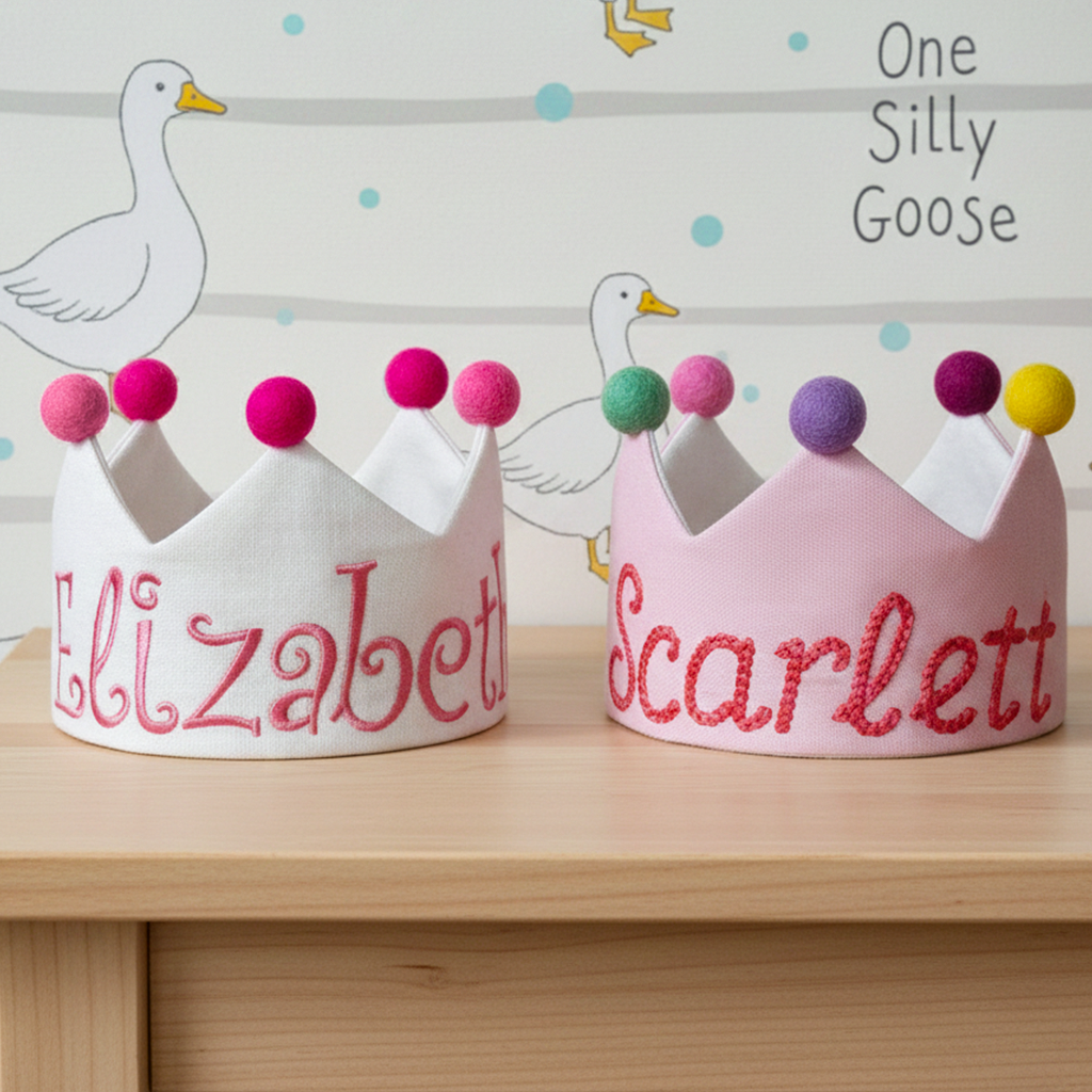 Embroidered custom name first birthday crown for a charming one silly goose birthday