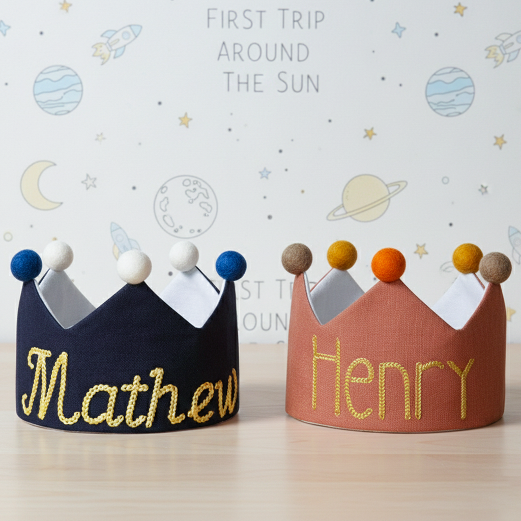 Embroidered custom name first birthday crown for first trip around the sun birthday theme