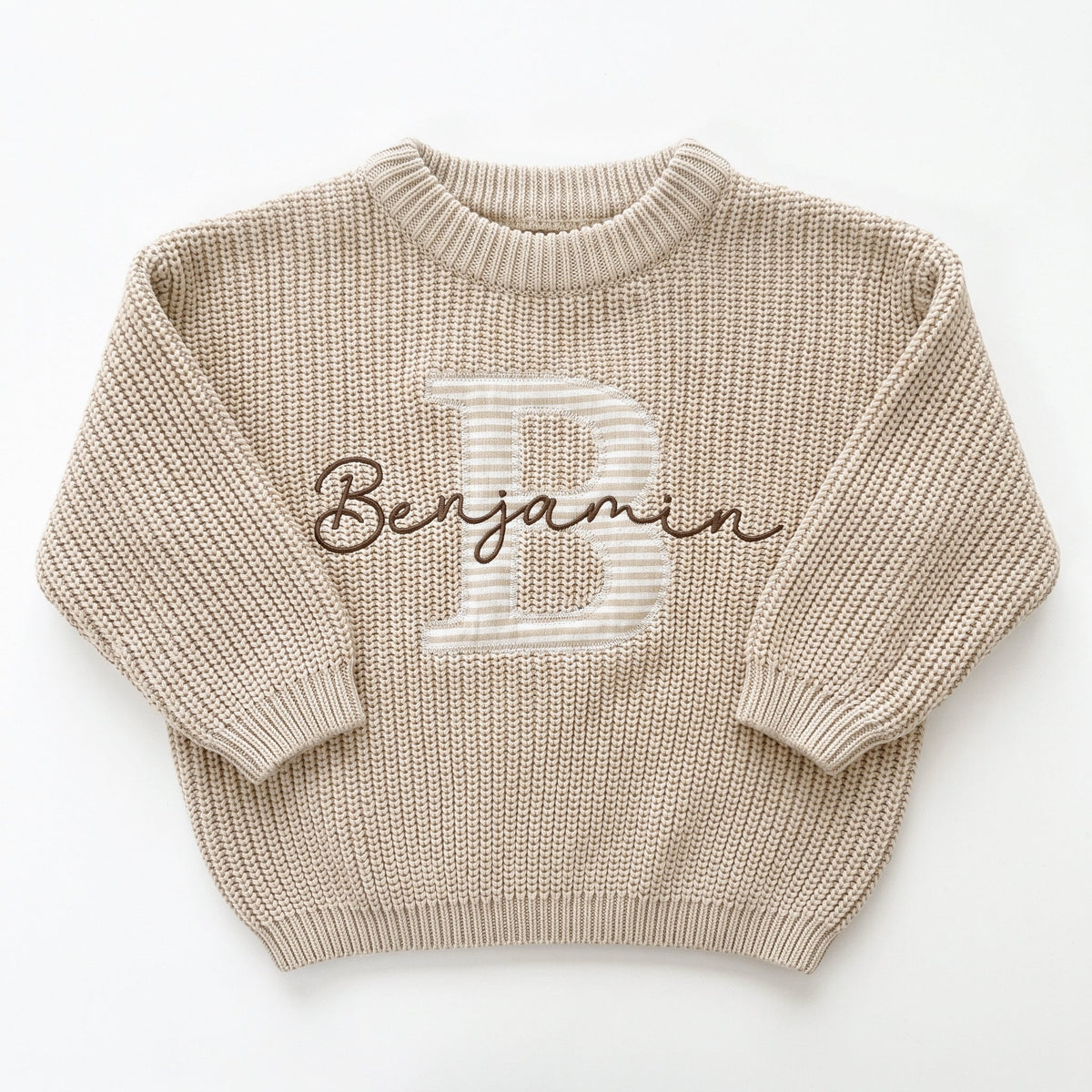Beige personalized baby sweater with striped appliqué initial B and embroidered name Benjamin