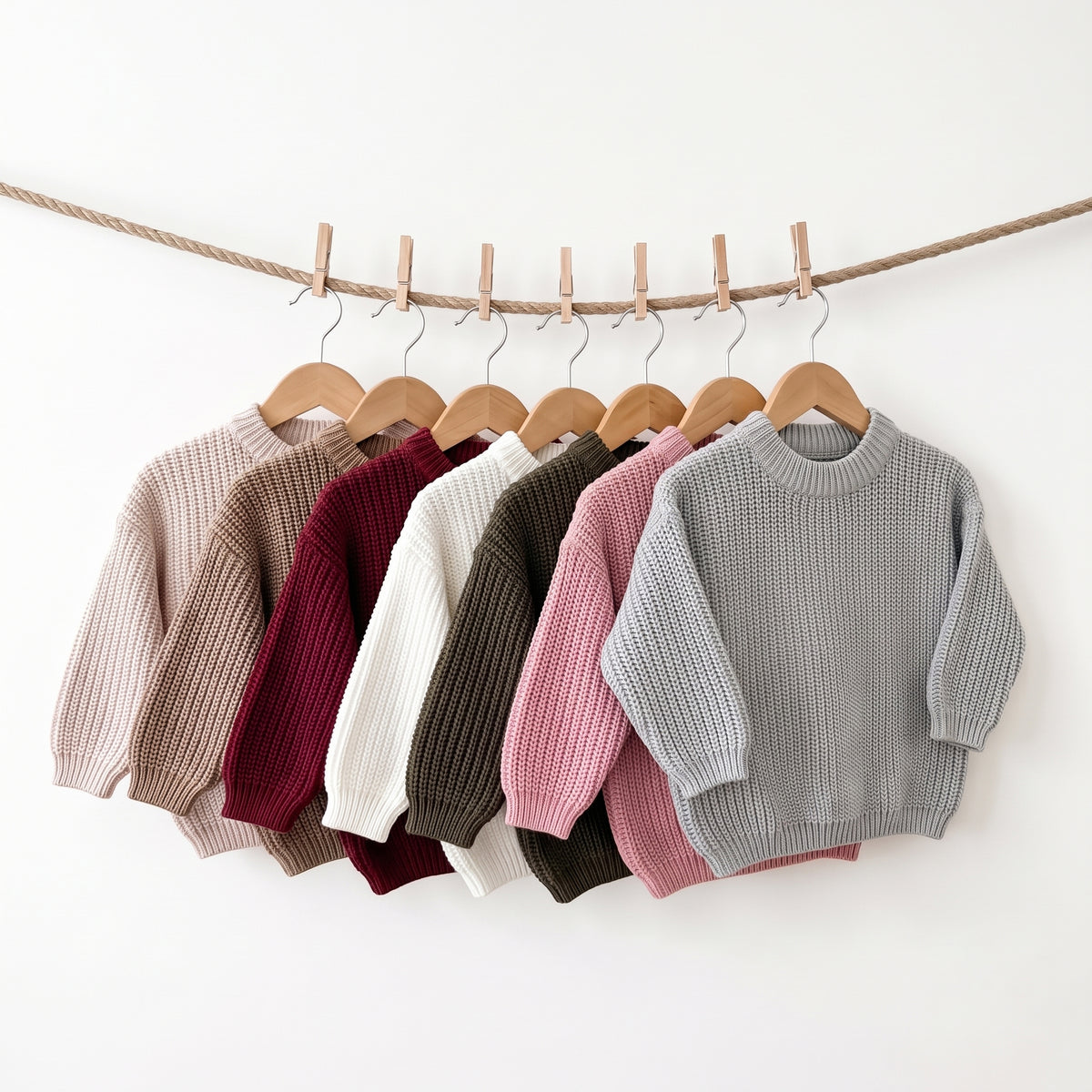 Baby sweaters in all seven colors hanging on wooden hangers