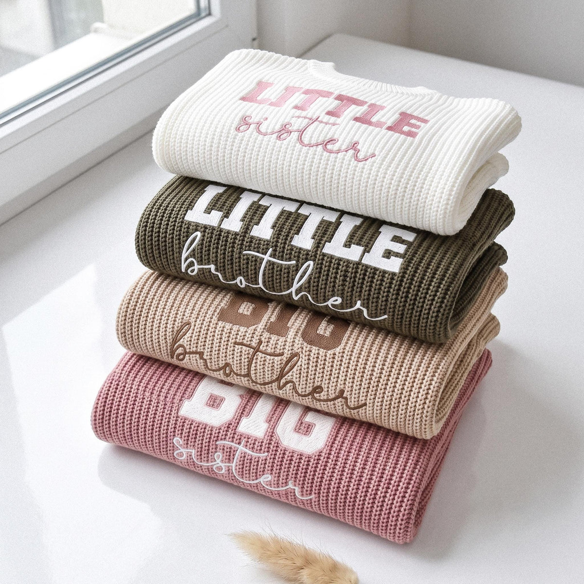 Stack of Little Sister, Little Brother, Big Brother and Big Sister embroidered sweaters