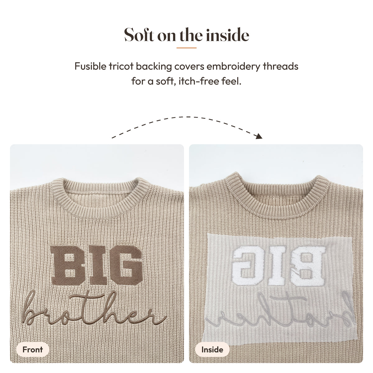 Front and inside view of BIG brother embroidered sweater showing soft tricot backing
