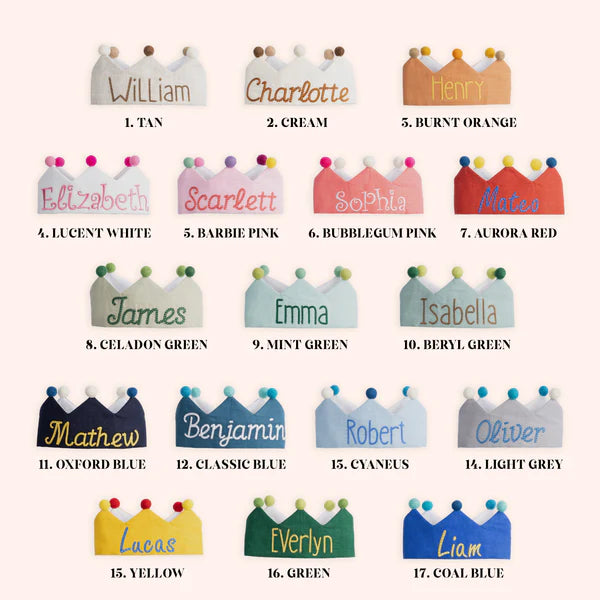 Custom name handmade embroidered linen first birthday crown