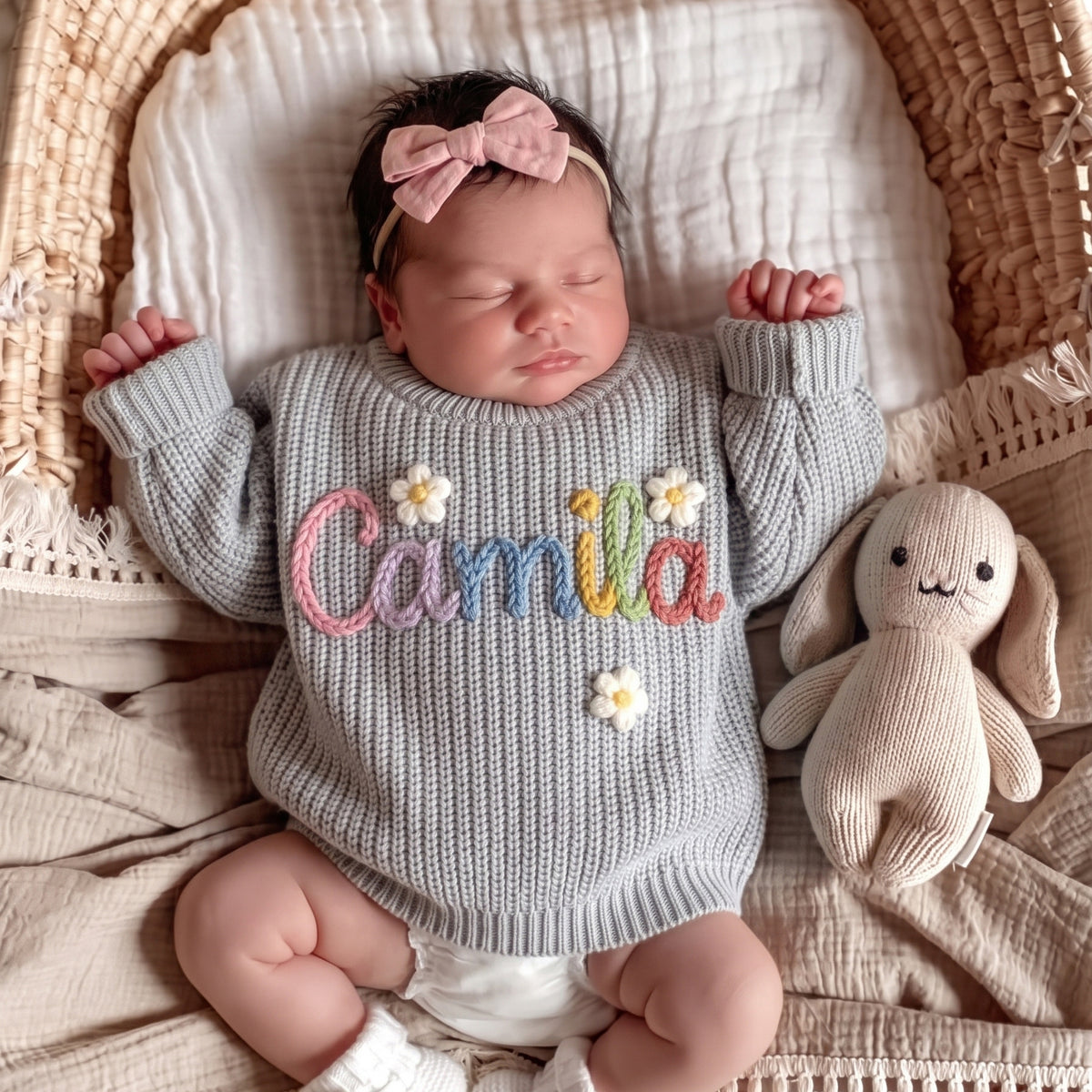 Newborn baby girl sleeping in a basket wearing a sky grey sweater with hand embroidered name Camila and small flowers
