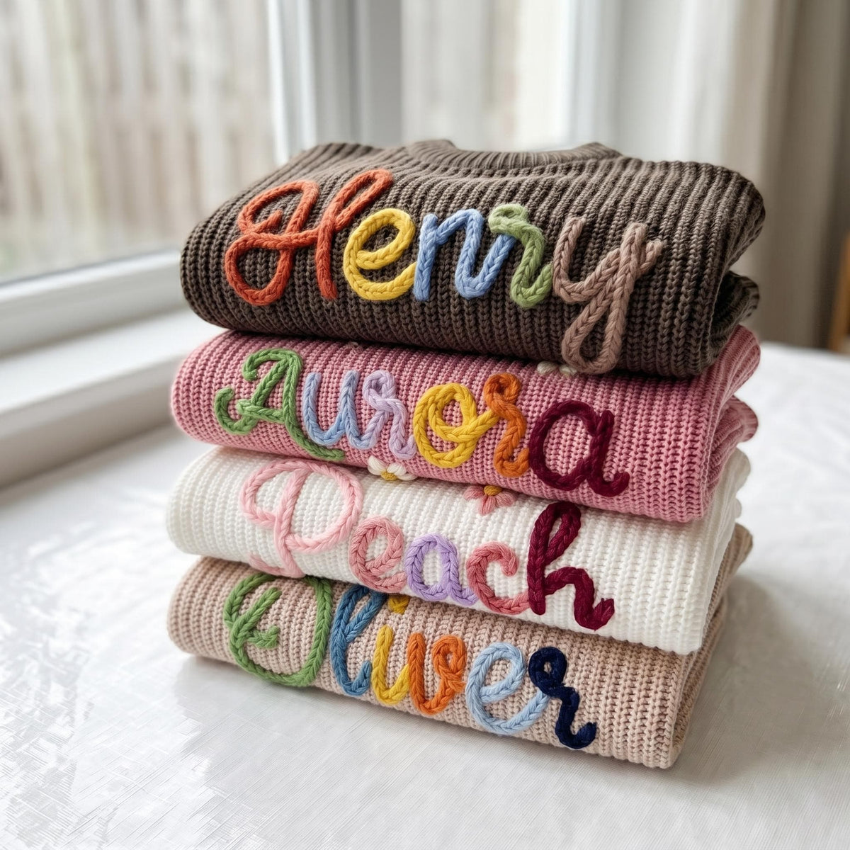 Four folded personalized sweaters with hand embroidered names Henry, Aurora, Peach and Oliver