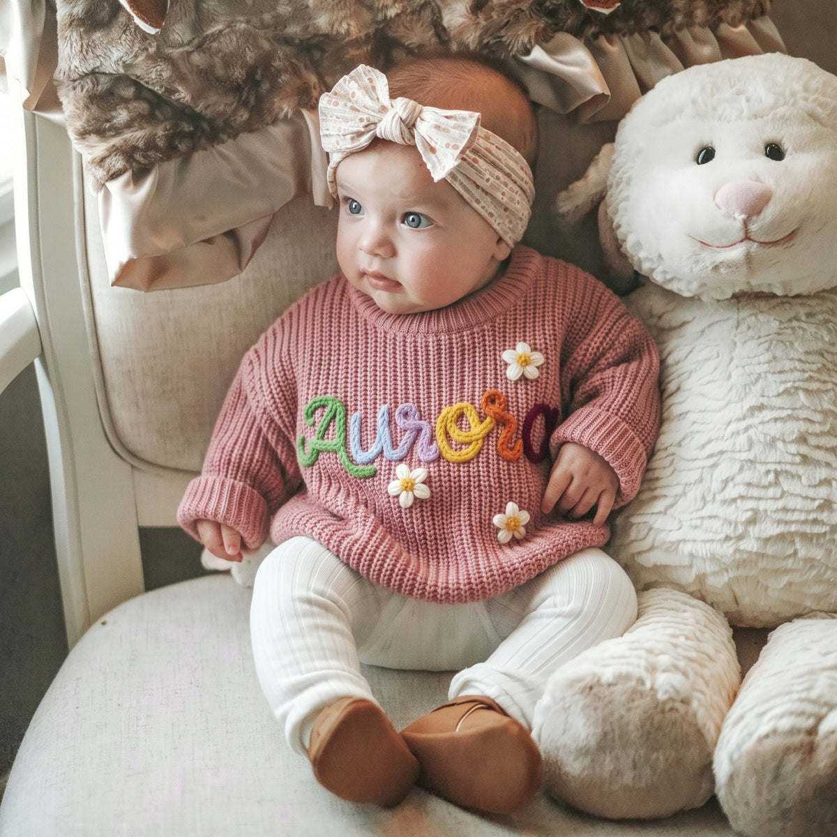 Baby girl sitting in a chair wearing a pink sweater with hand embroidered multicolor name Aurora and flowers