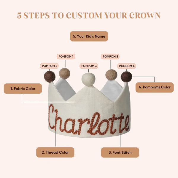 Custom name handmade embroidered linen first birthday crown