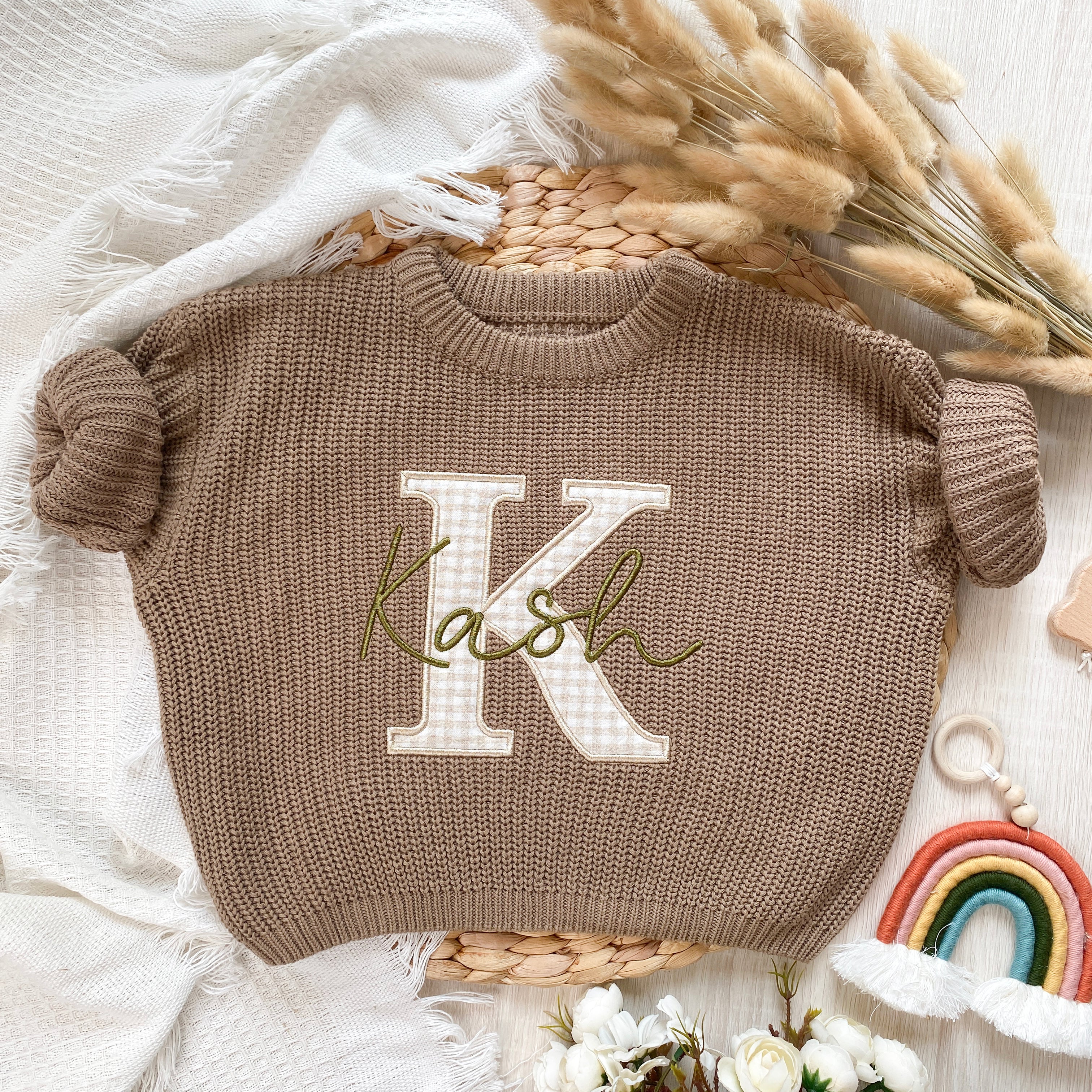 Embroidered Custom Name Chunky Knit Sweaters With Applique Initials