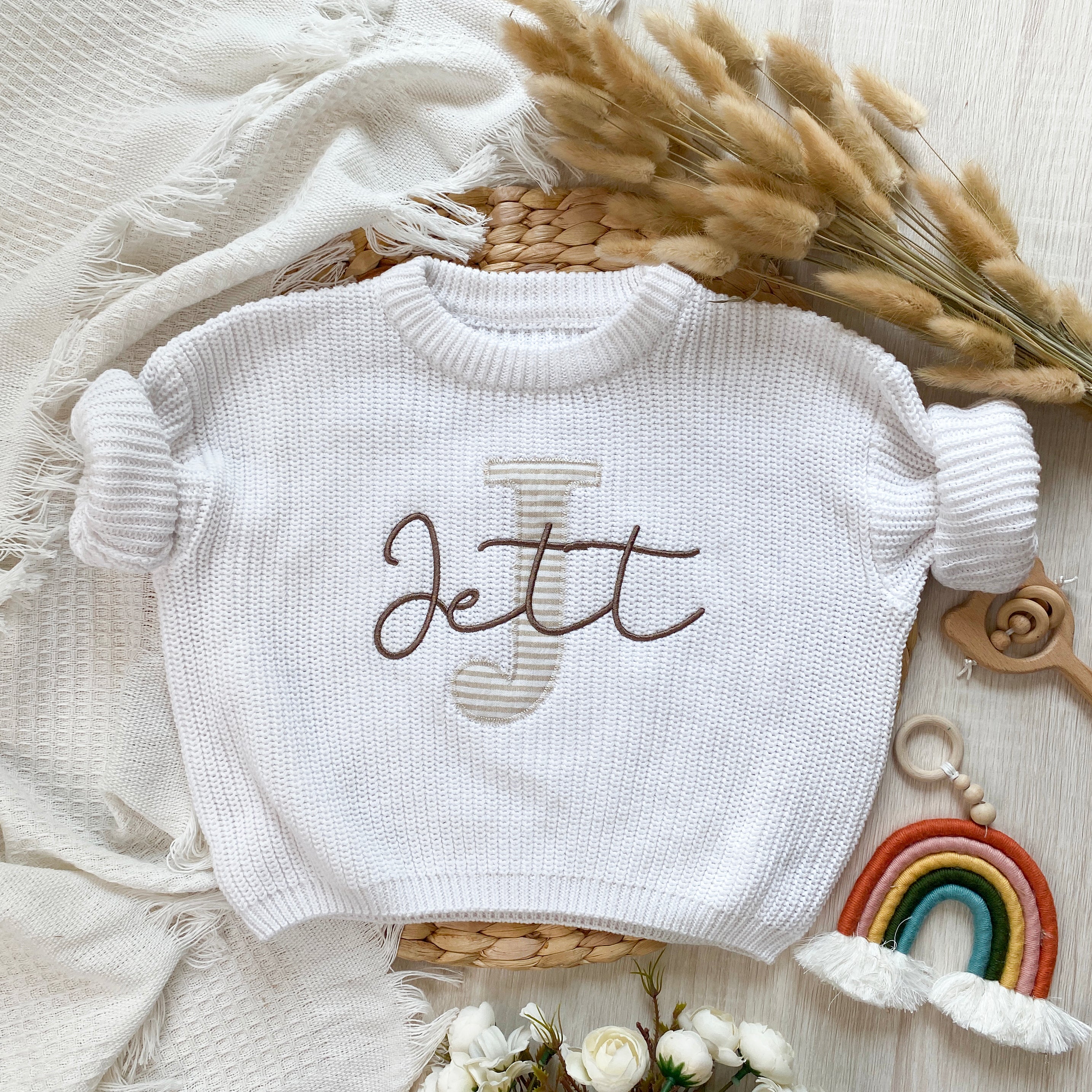 Applique embroidered chunky knit baby sweaters with initials