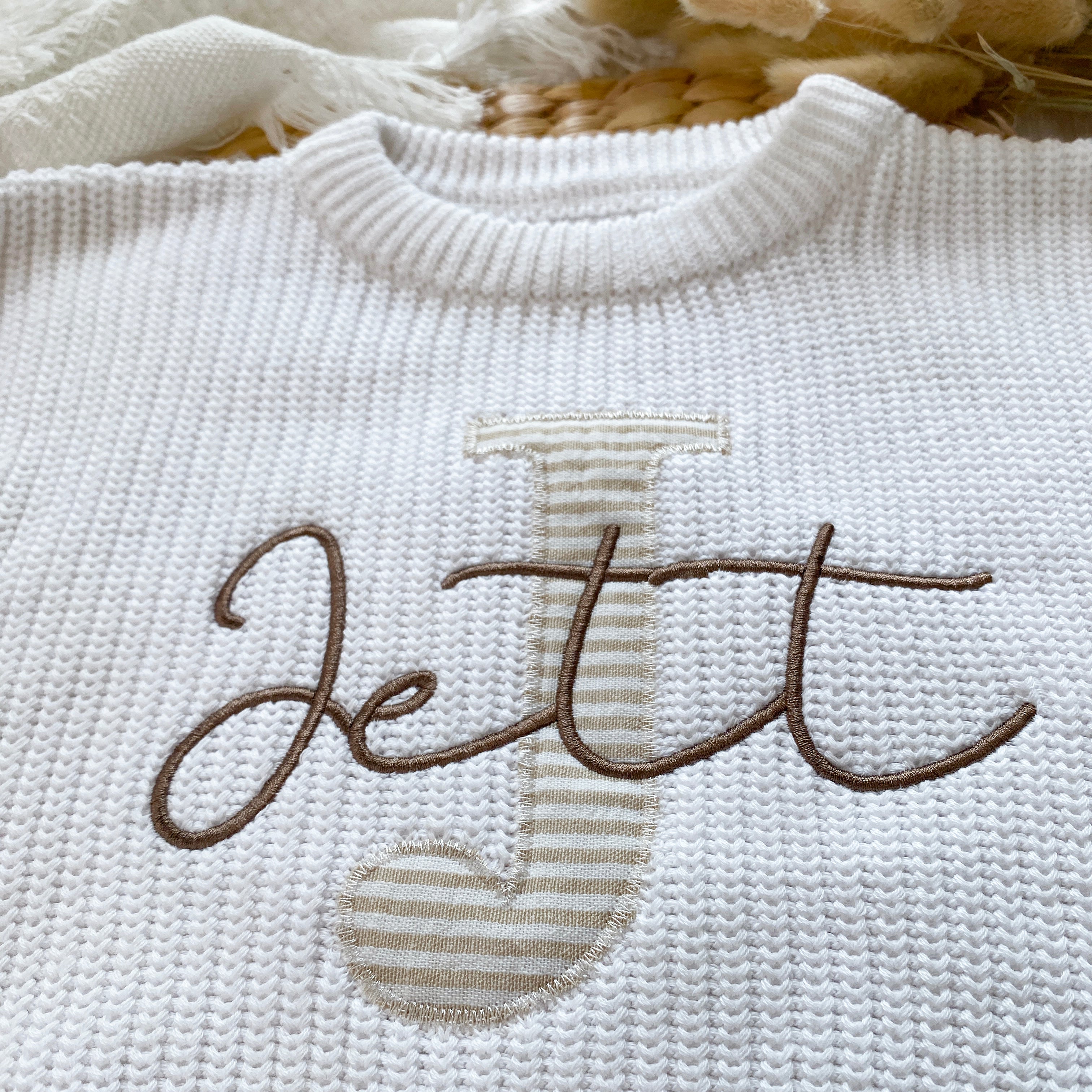Applique embroidered chunky knit baby sweaters with initials