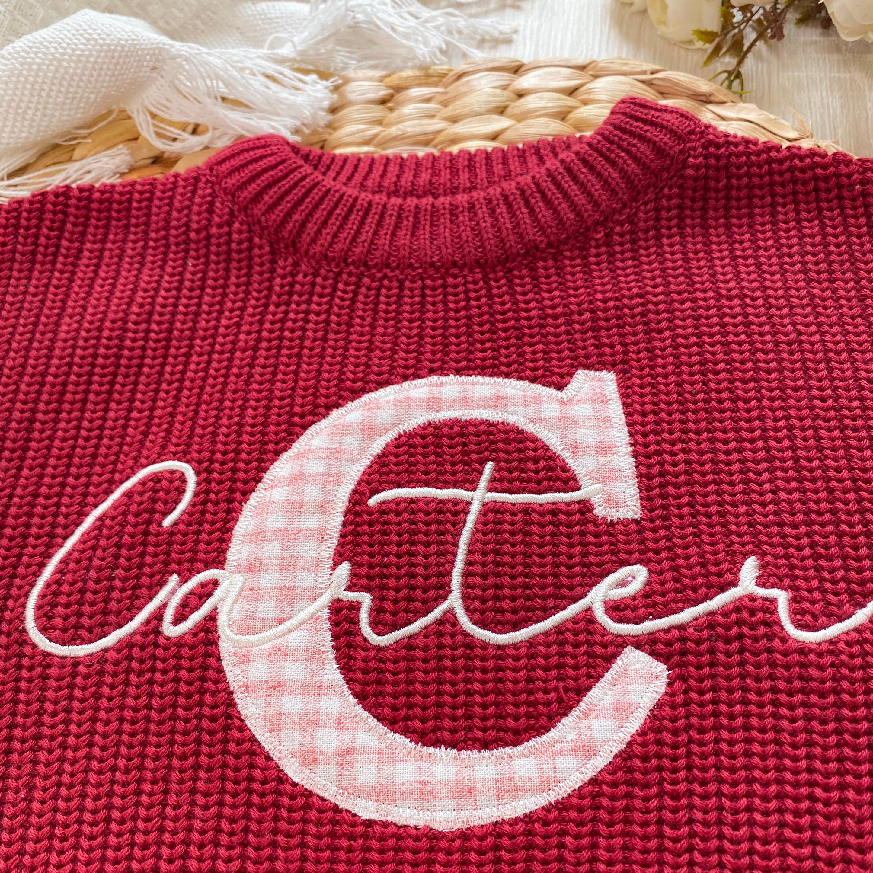 Embroidered custom name chunky knit baby sweater with applique initials